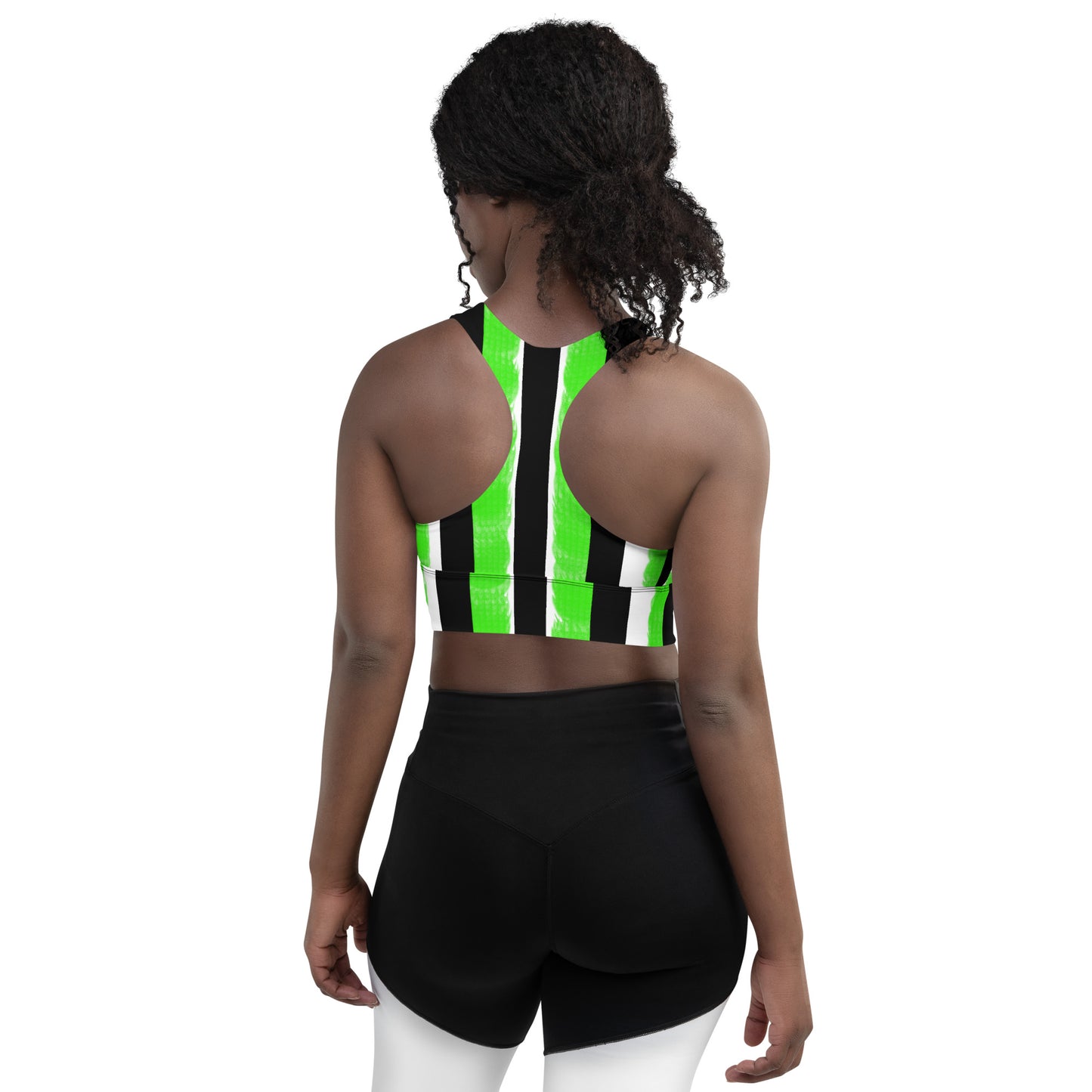 Striped Black and Green, Womens Longline Sports Bra
