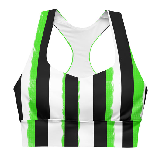 Striped Black and Green, Womens Longline Sports Bra