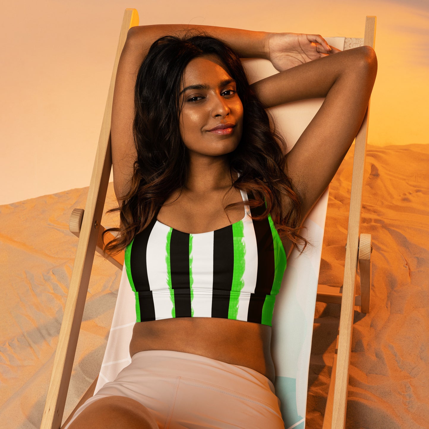 Striped Black and Green, Womens Longline Sports Bra