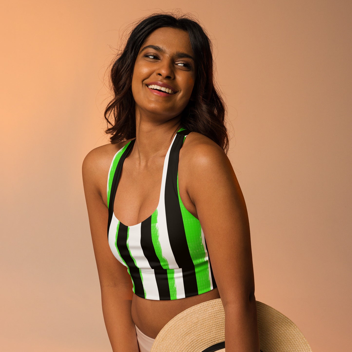 Striped Black and Green, Womens Longline Sports Bra