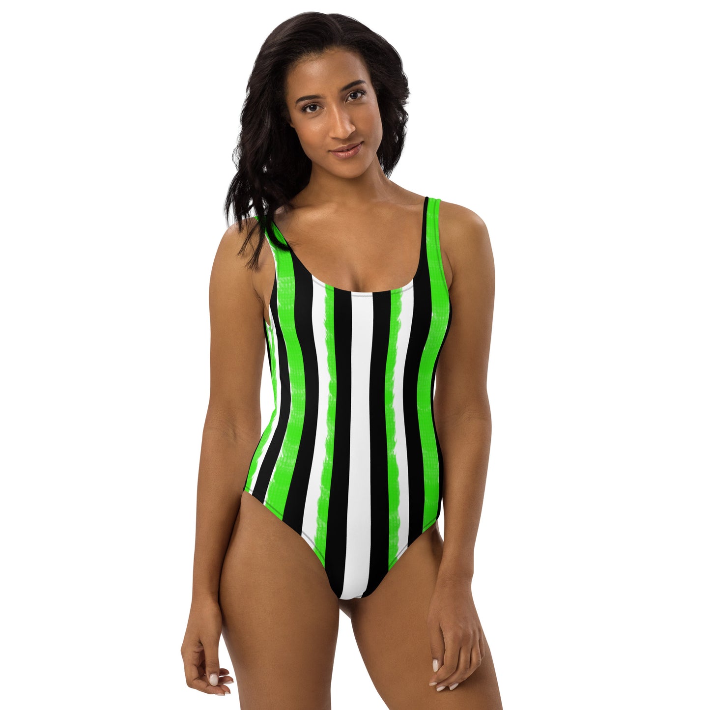 Striped Black and Green, Womens Swim One-Piece
