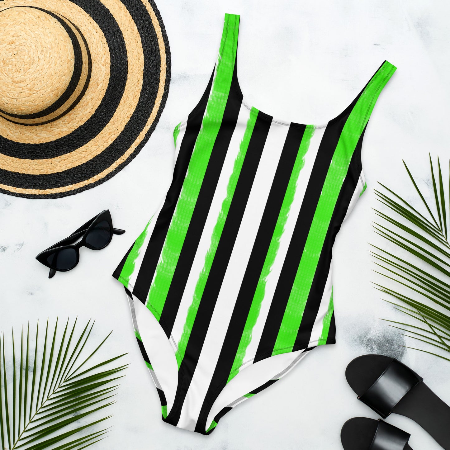 Striped Black and Green, Womens Swim One-Piece