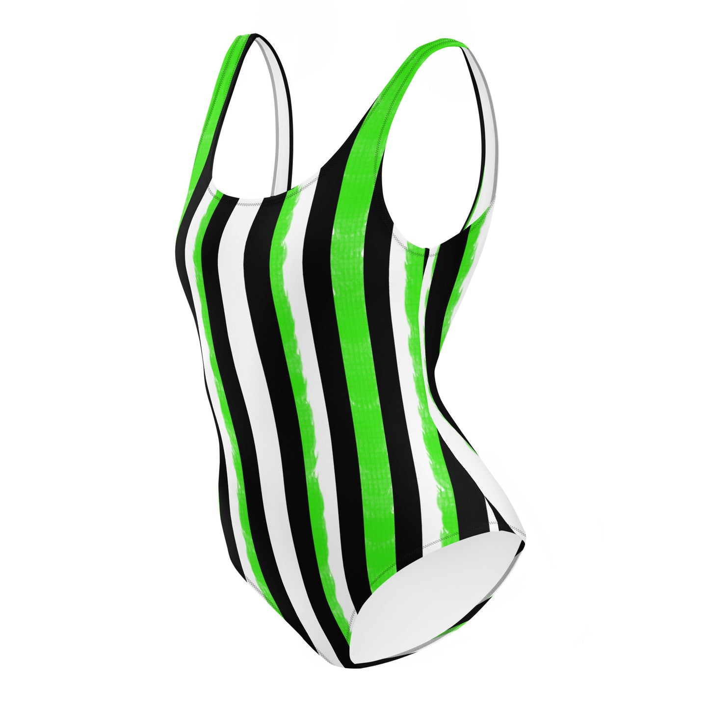 Striped Black and Green, Womens Swim One-Piece