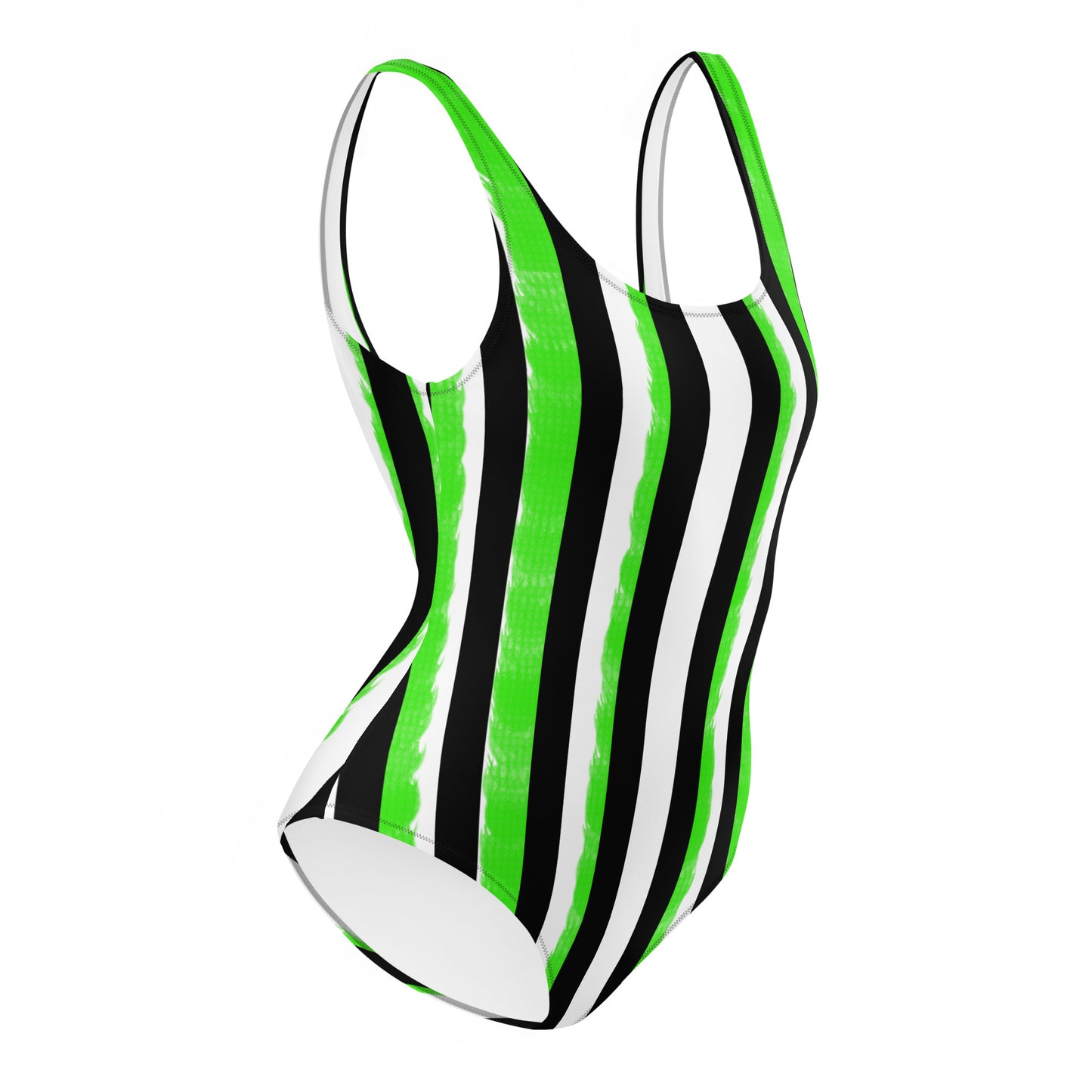 Striped Black and Green, Womens Swim One-Piece