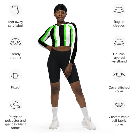 Striped Black and Green, Womens Long-sleeve Crop Top