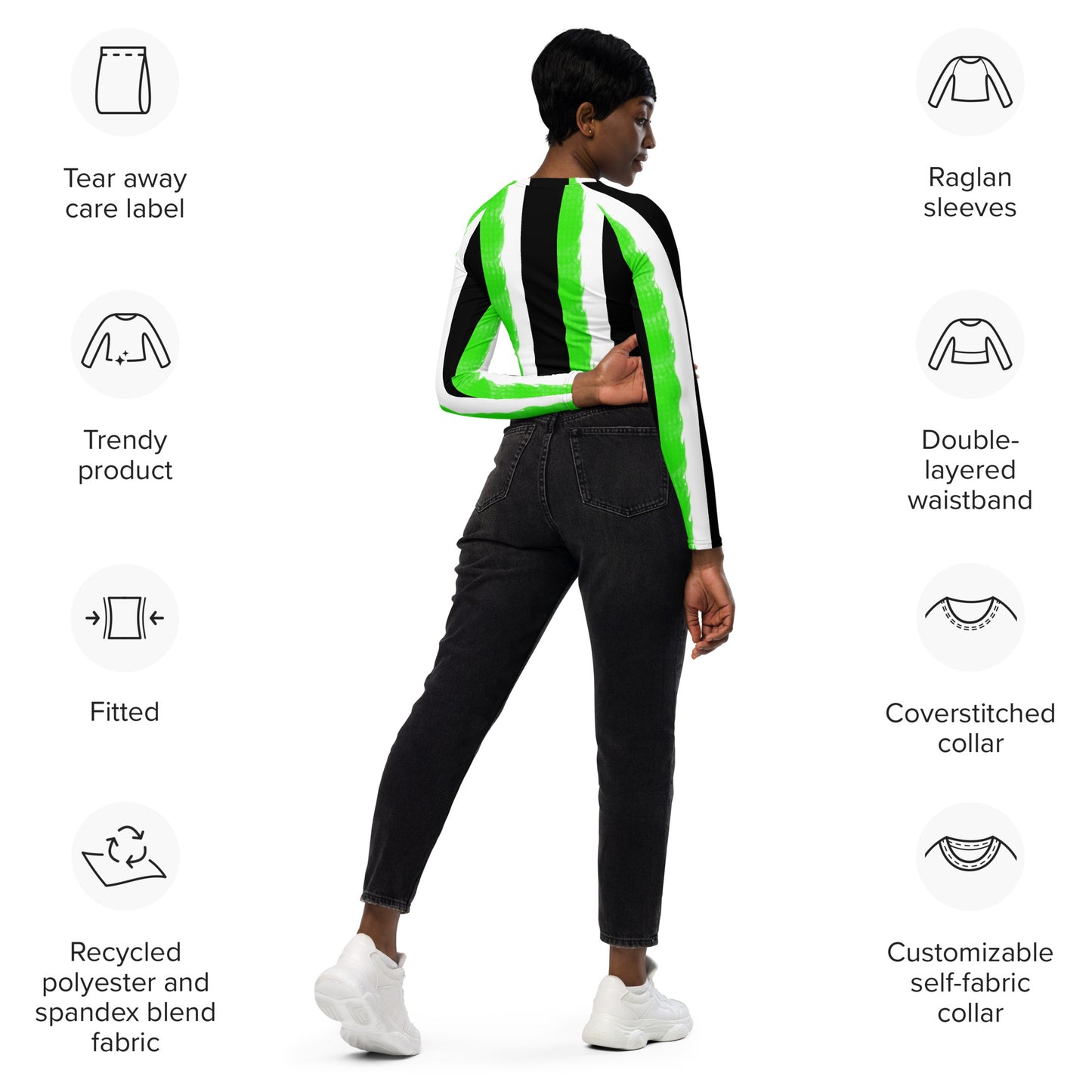 Striped Black and Green, Womens Long-sleeve Crop Top