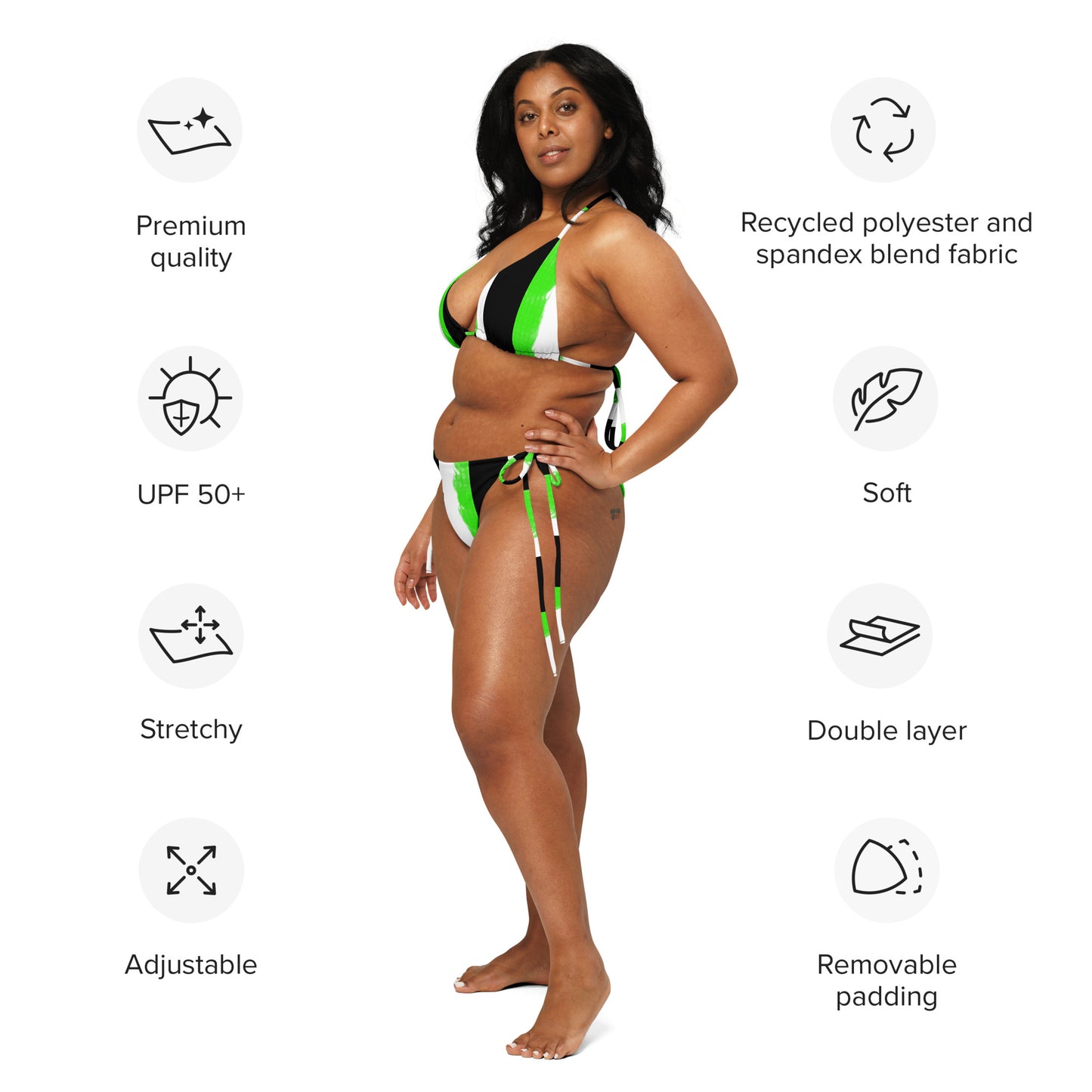 Striped Black and Green, Womens Swim String Bikini