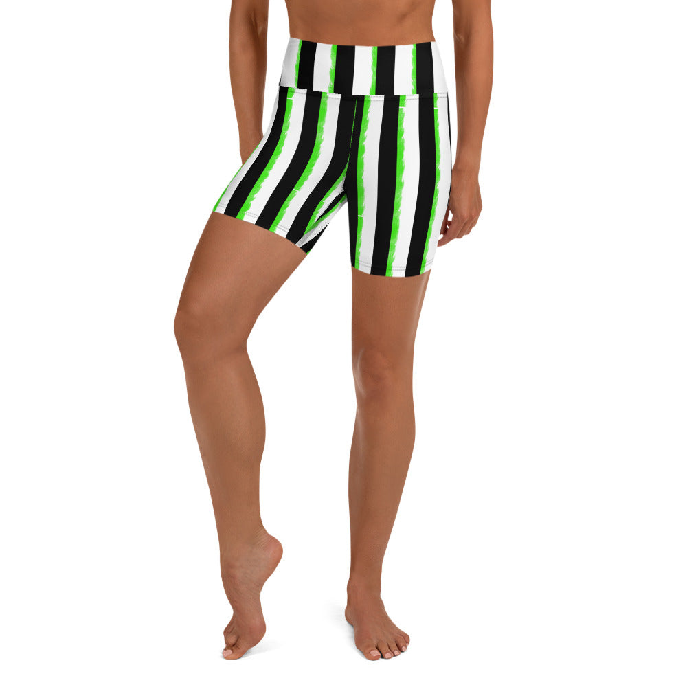Striped Black and Green, Womens Yoga Shorts