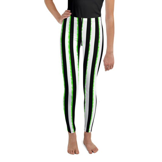 Striped Black and Green, Kids Youth Leggings