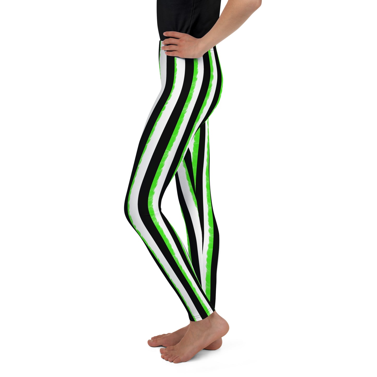 Striped Black and Green, Kids Youth Leggings