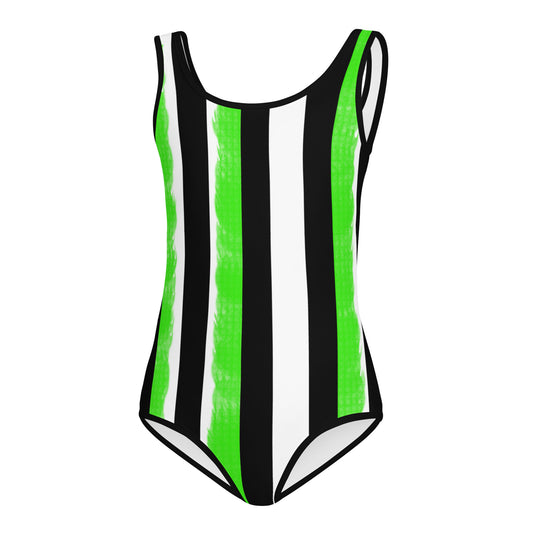 Striped Black and green All-Over Print Kids Swimsuit