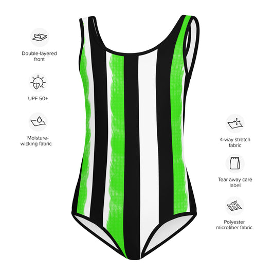 Striped Black and green All-Over Print Kids Swimsuit