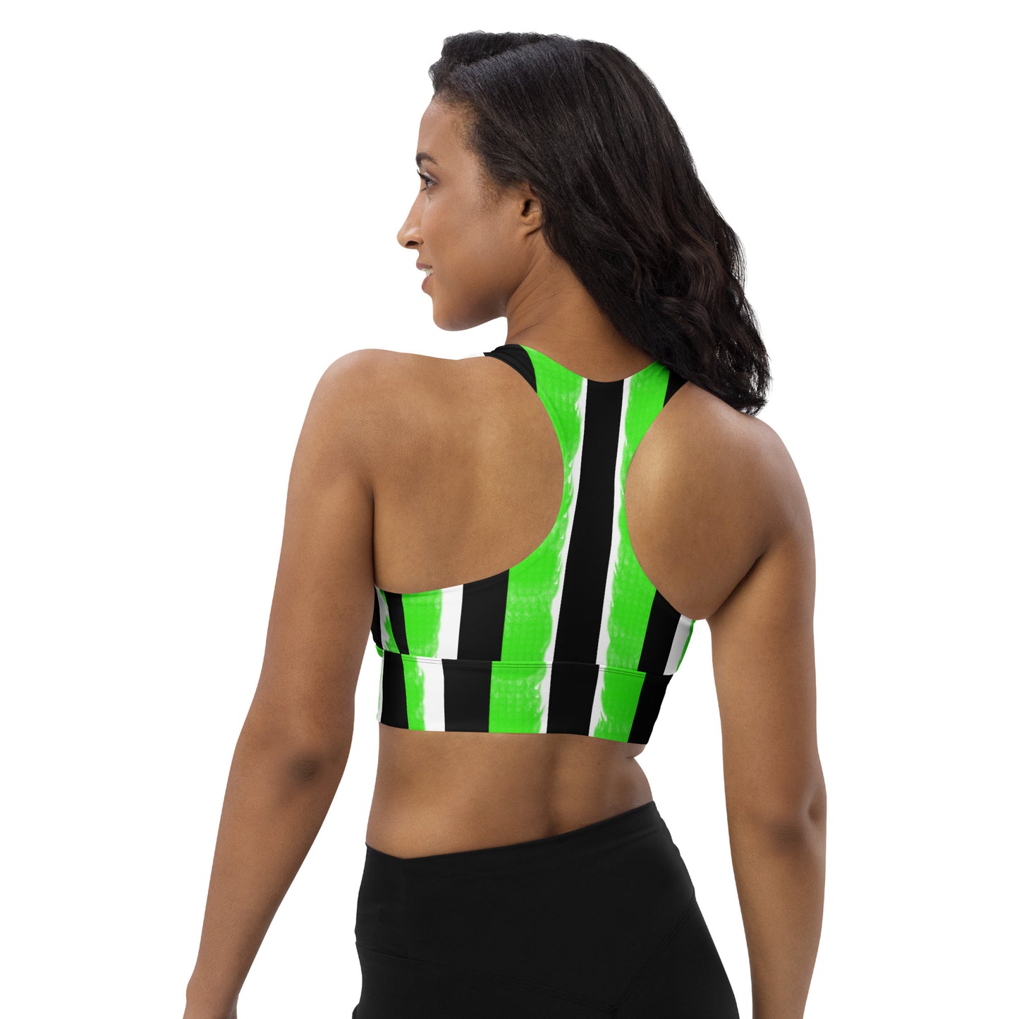 Striped Black with Green Longline sports bra