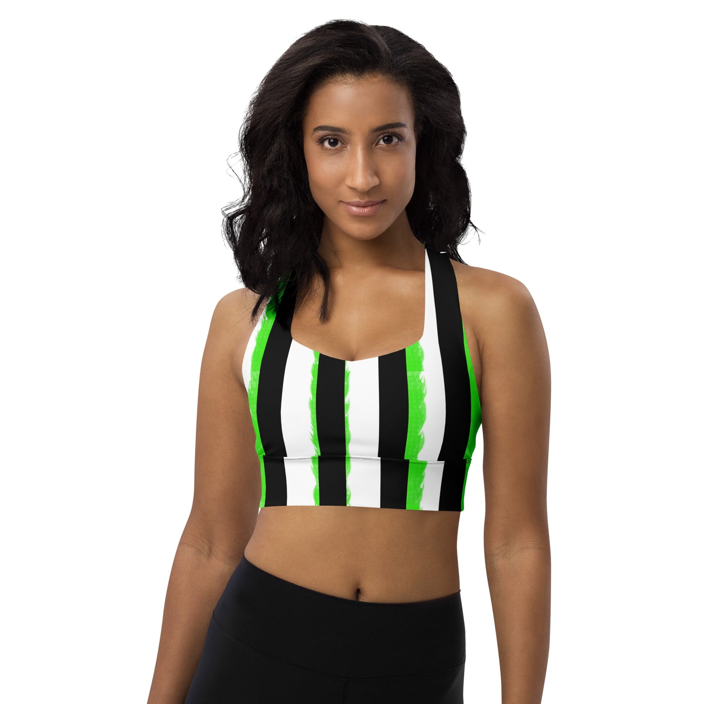 Striped Black with Green Longline sports bra