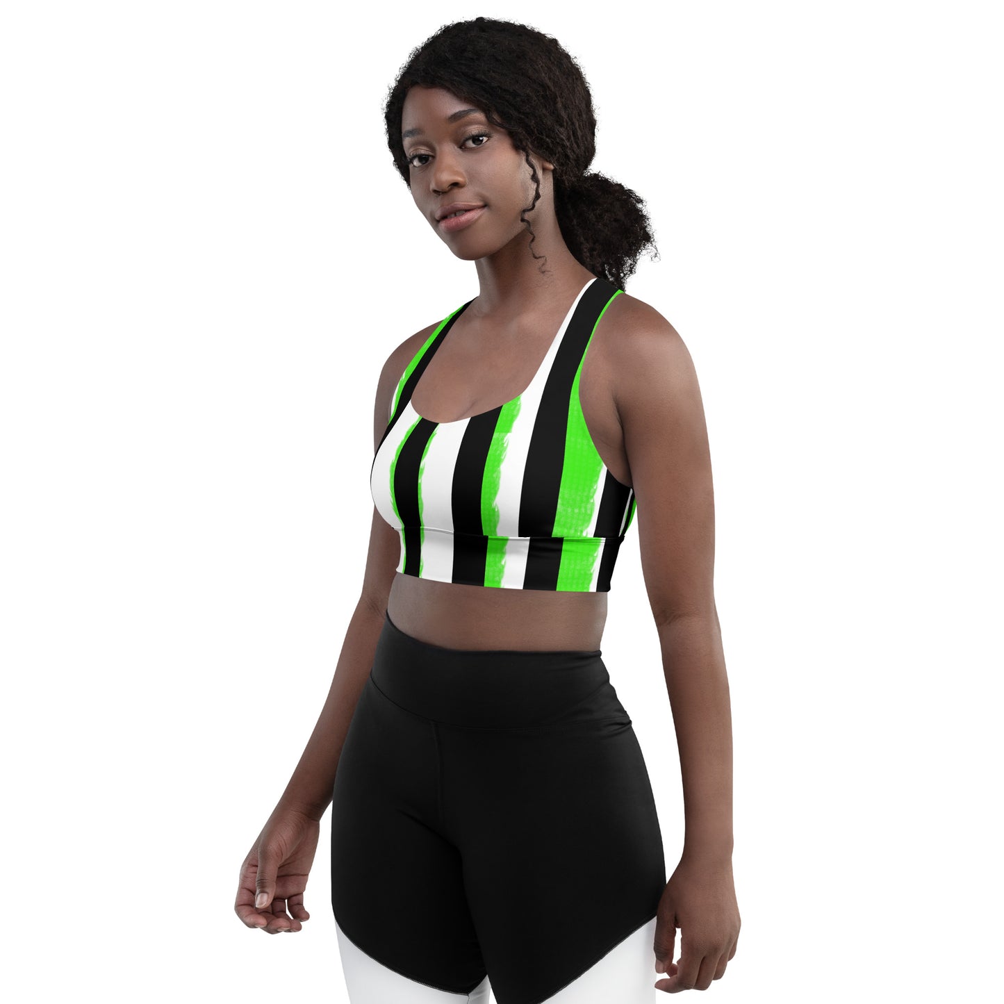 Striped Black with Green Longline sports bra