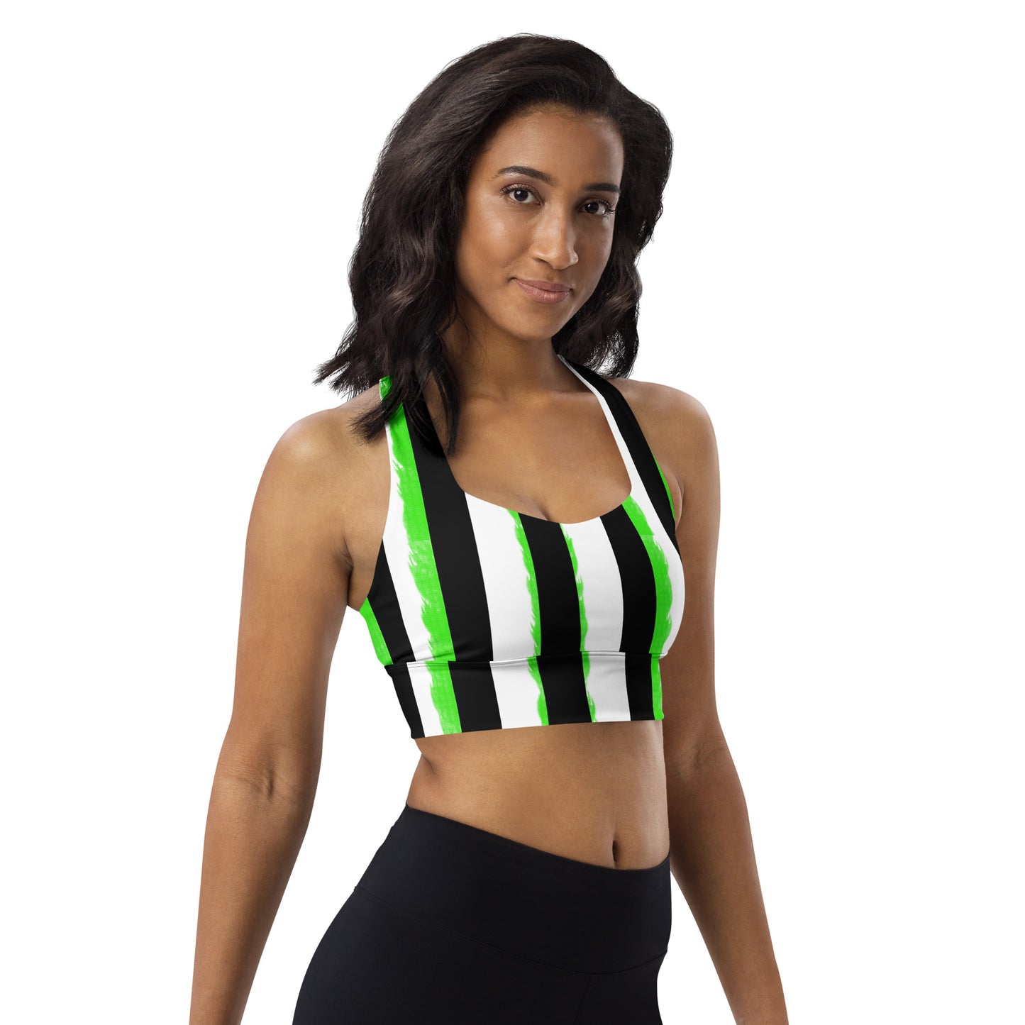 Striped Black with Green Longline sports bra