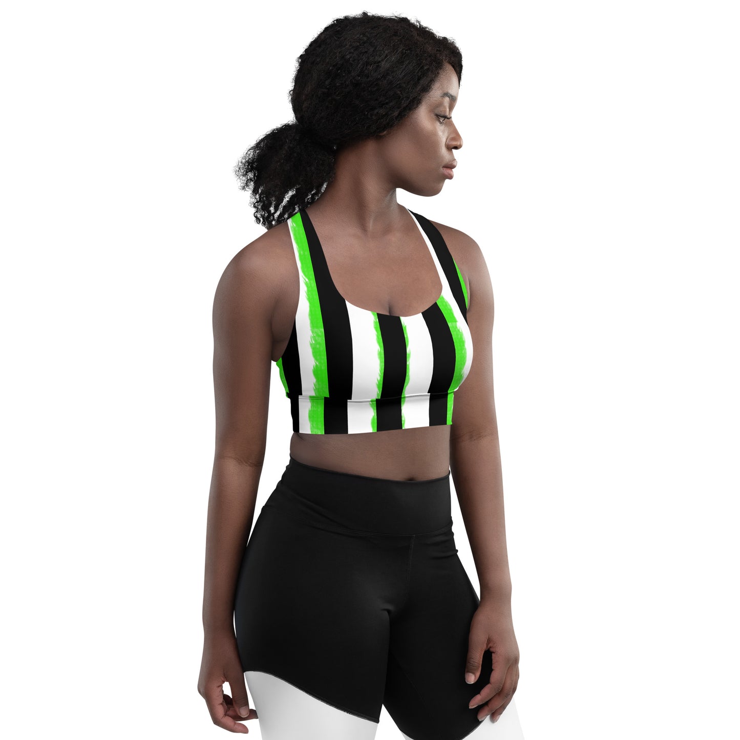 Striped Black with Green Longline sports bra