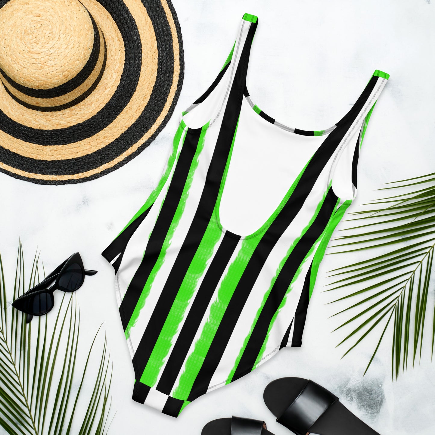 Striped Black with Green One-Piece Swimsuit