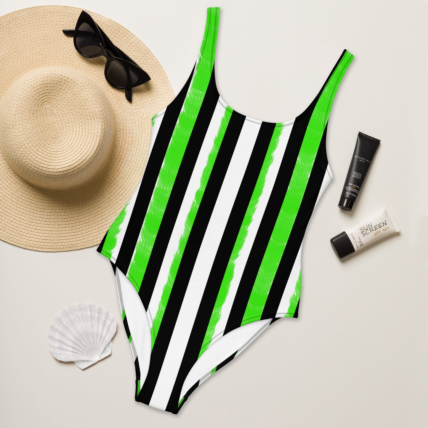 Striped Black with Green One-Piece Swimsuit