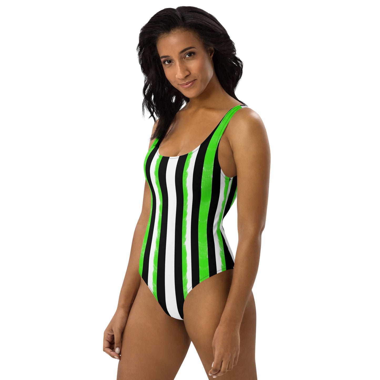 Striped Black with Green One-Piece Swimsuit