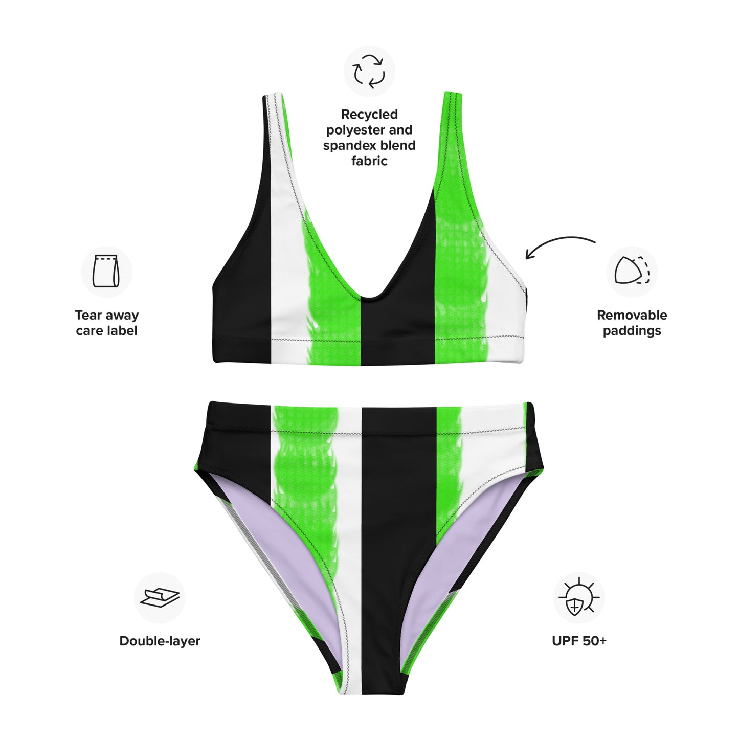 Striped Black with Green Recycled high-waisted bikini