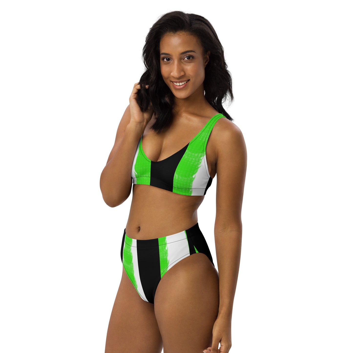 Striped Black with Green Recycled high-waisted bikini