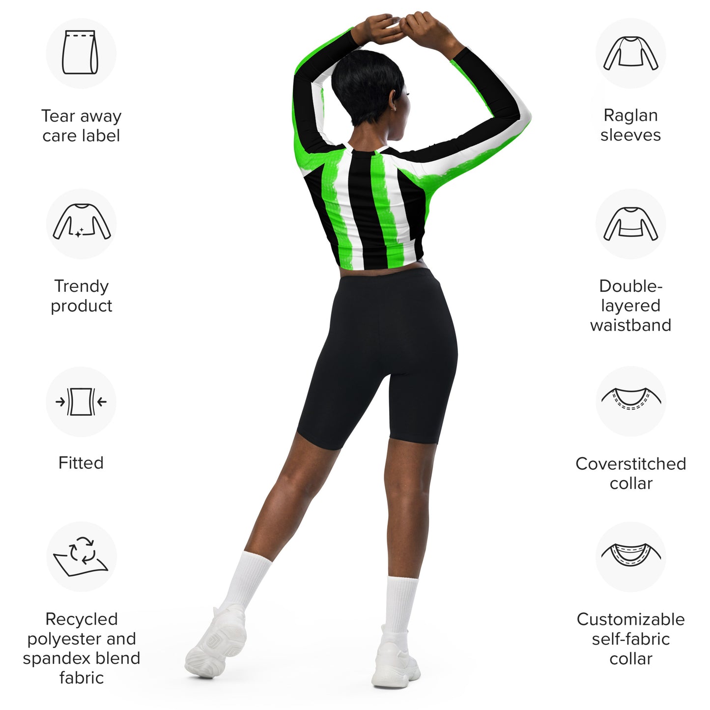 Striped Black With Green Recycled long-sleeve crop top