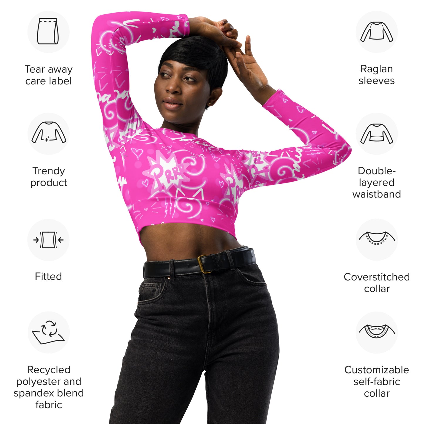 Pink Kitty Top, Recycled long-sleeve crop top