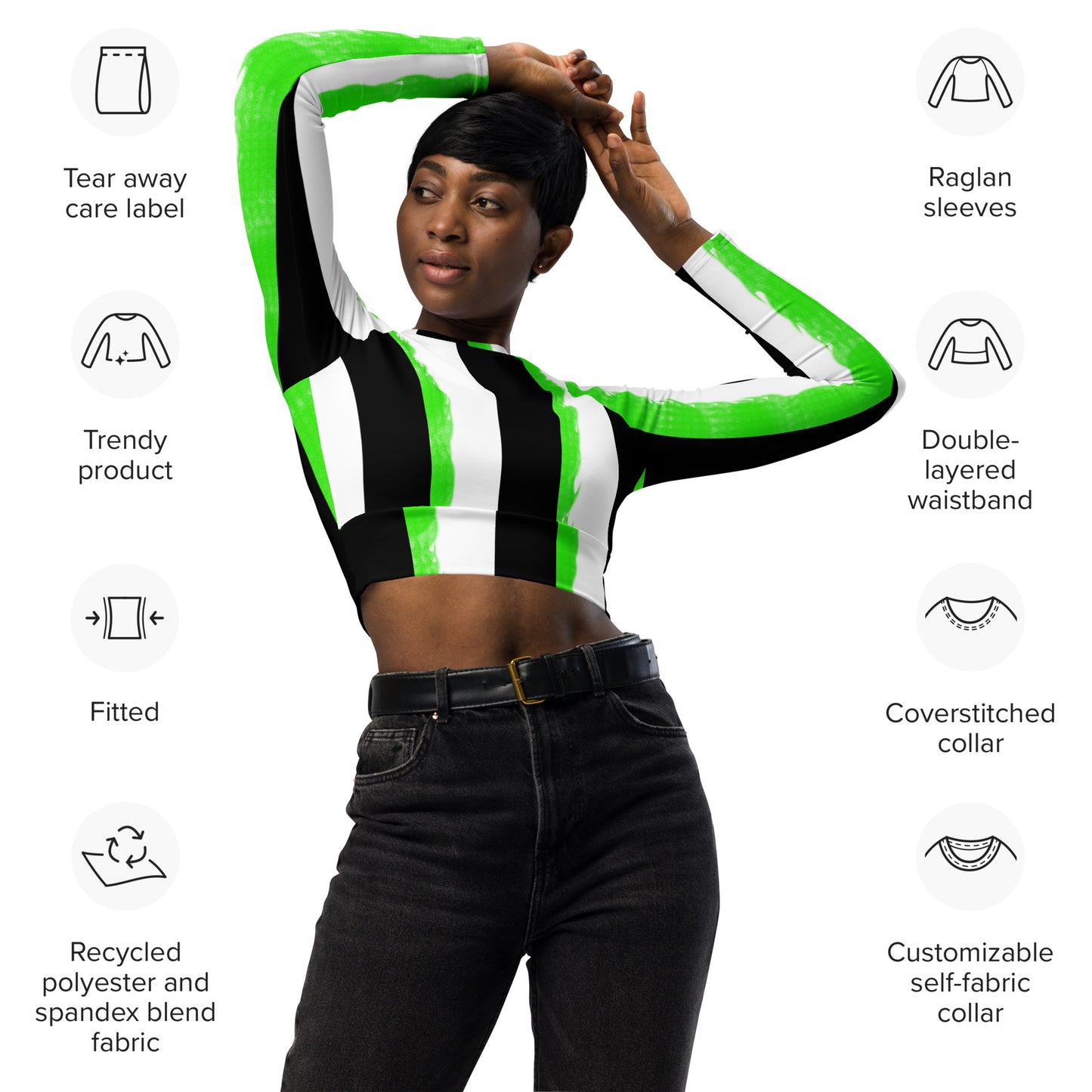 Striped Black With Green Recycled long-sleeve crop top