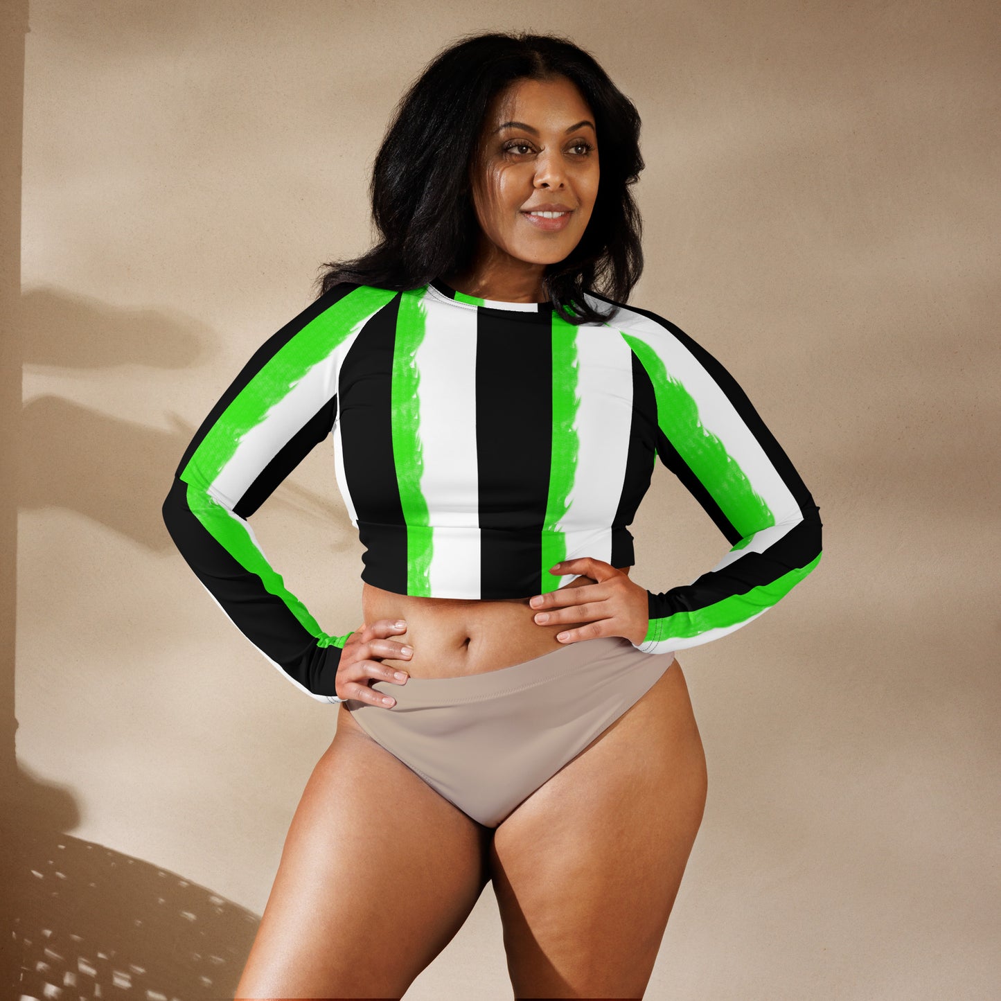 Striped Black With Green Recycled long-sleeve crop top