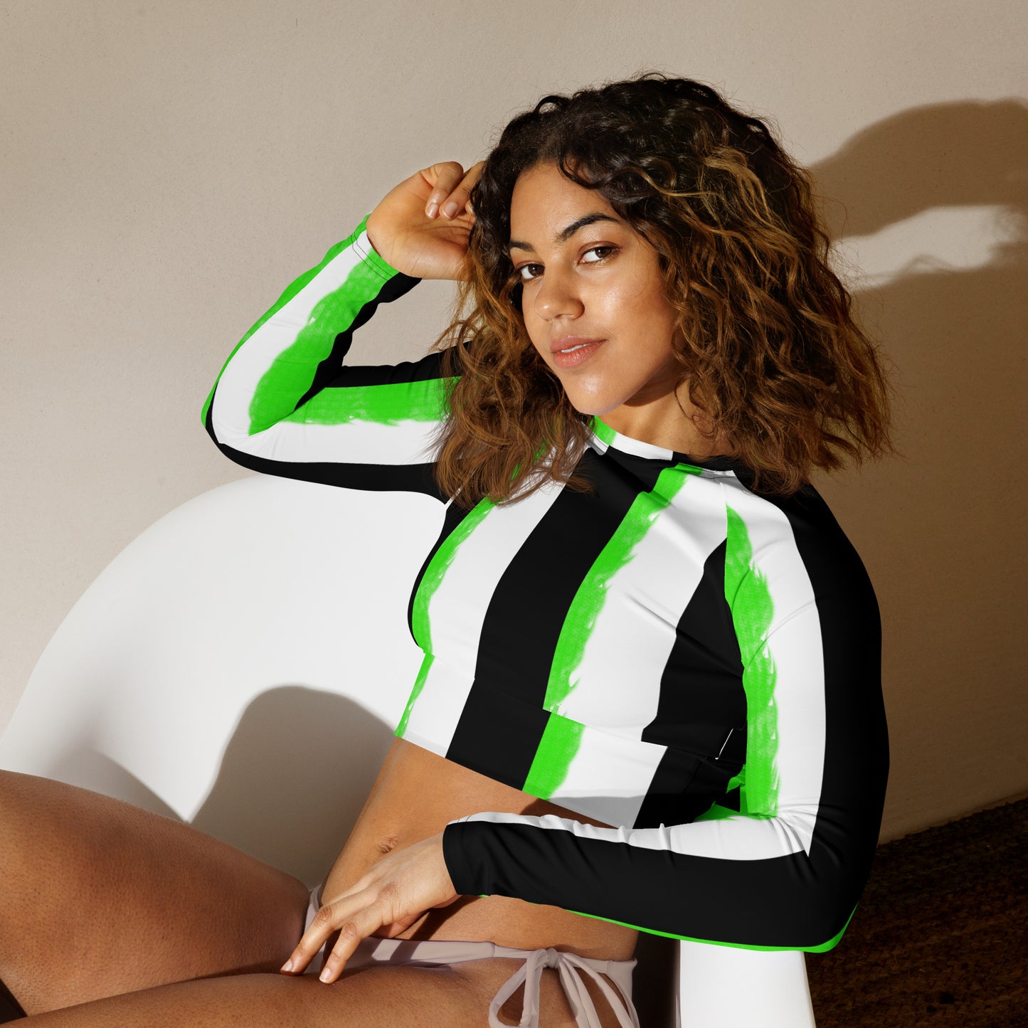 Striped Black With Green Recycled long-sleeve crop top