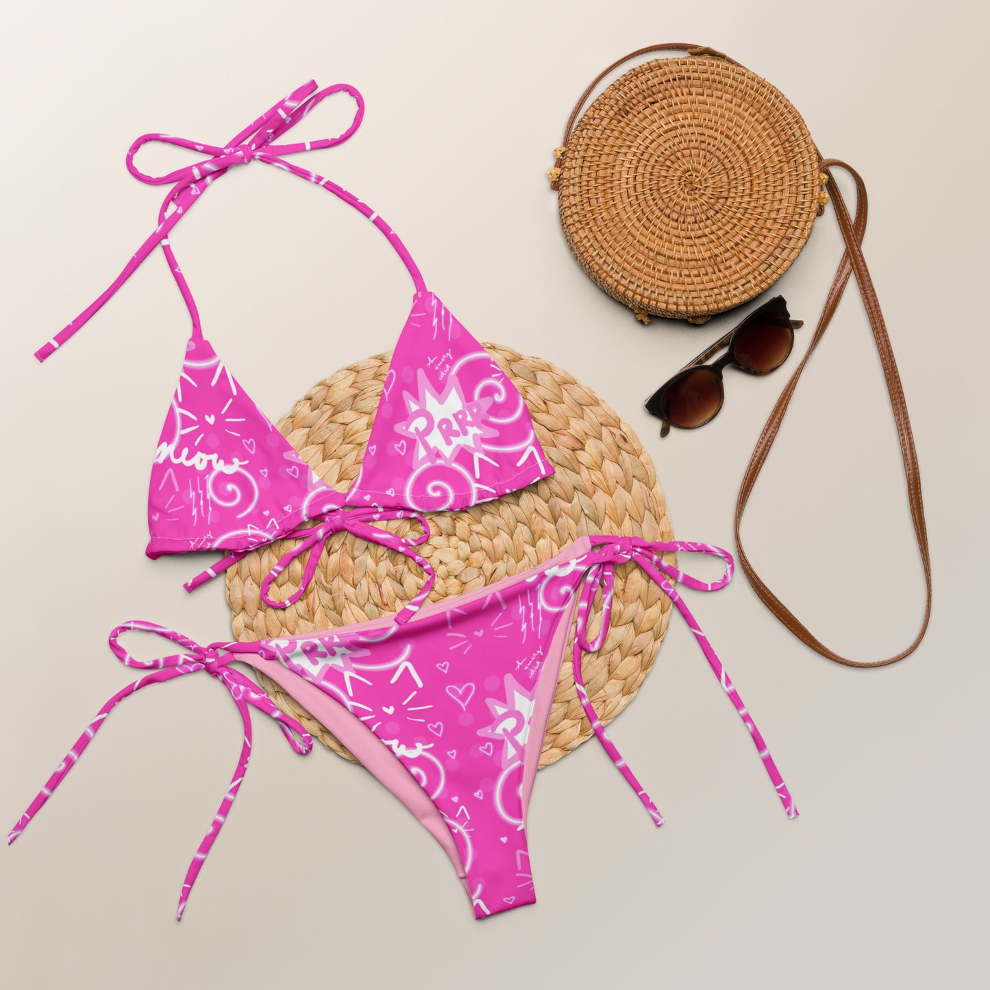 Pink Kitty, All-over print recycled string bikini