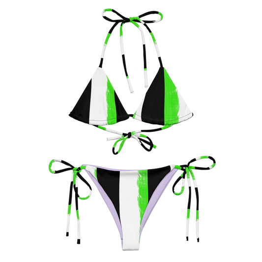 Striped Black with Green All-over print recycled string bikini