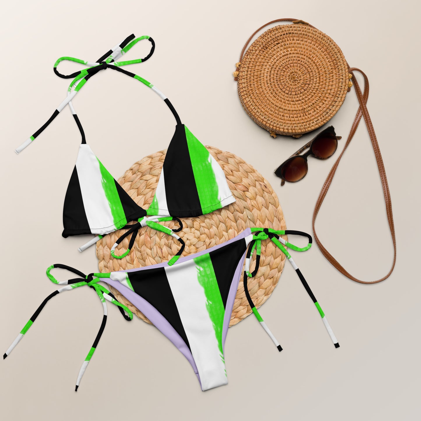 Striped Black with Green All-over print recycled string bikini