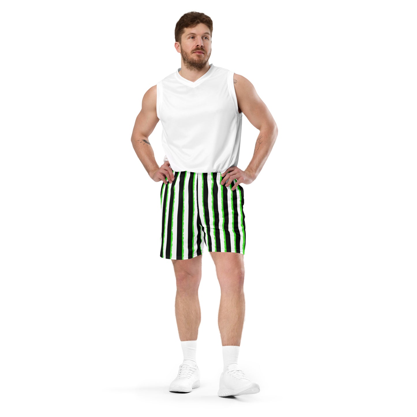 Striped Black with Green Unisex mesh shorts