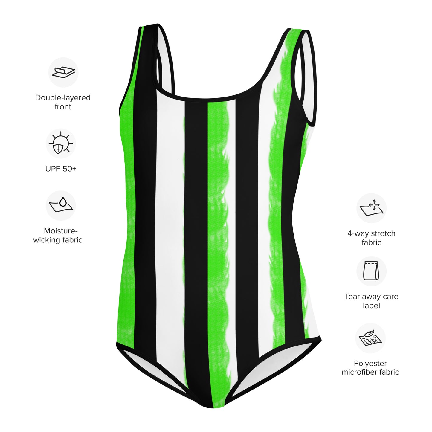 Striped Black and Green All-Over Print Youth Swimsuit