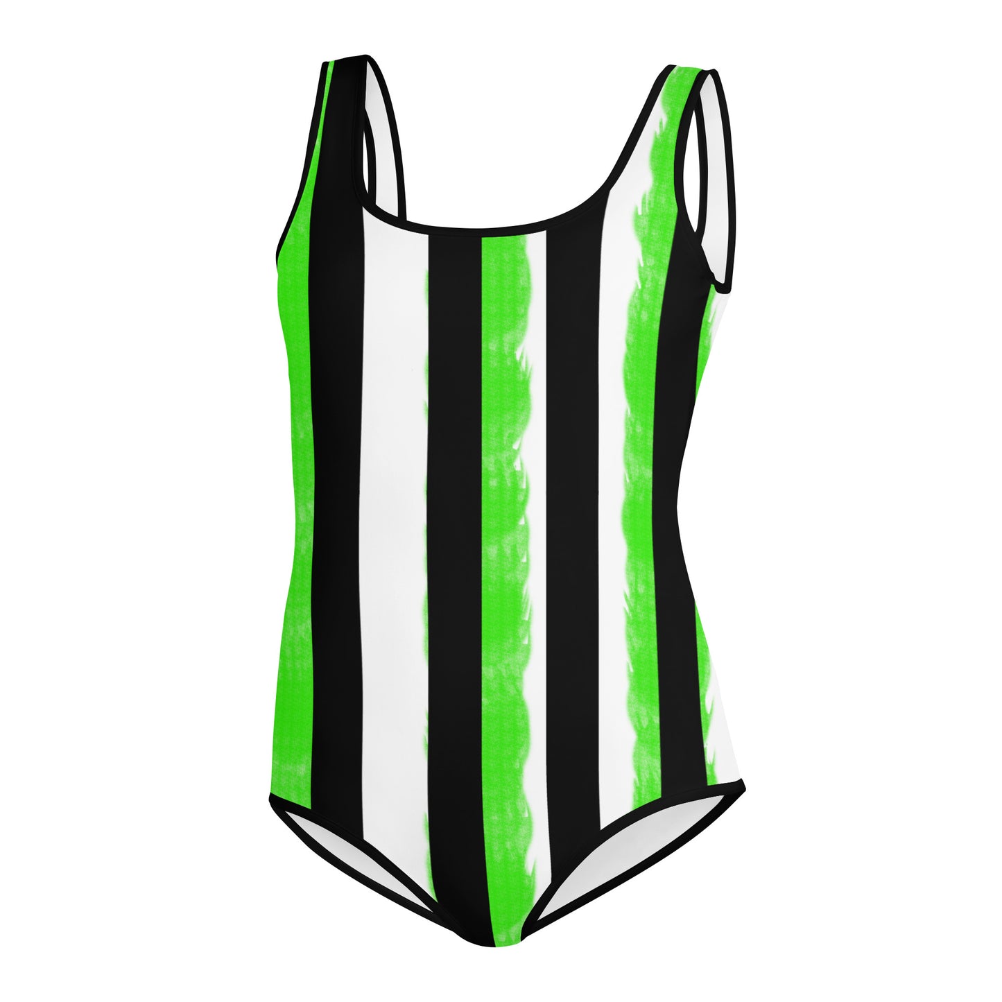 Striped Black and Green All-Over Print Youth Swimsuit