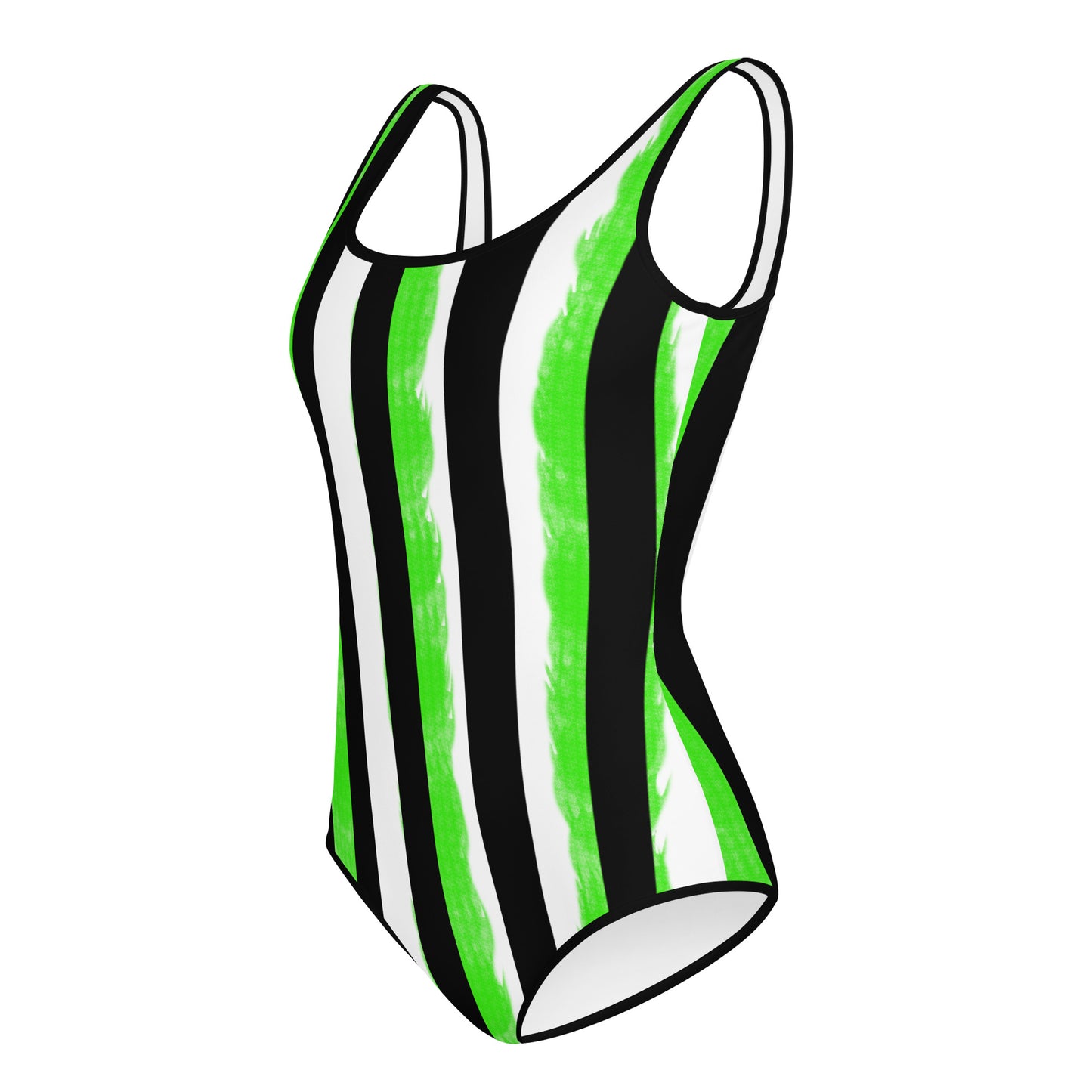 Striped Black and Green All-Over Print Youth Swimsuit