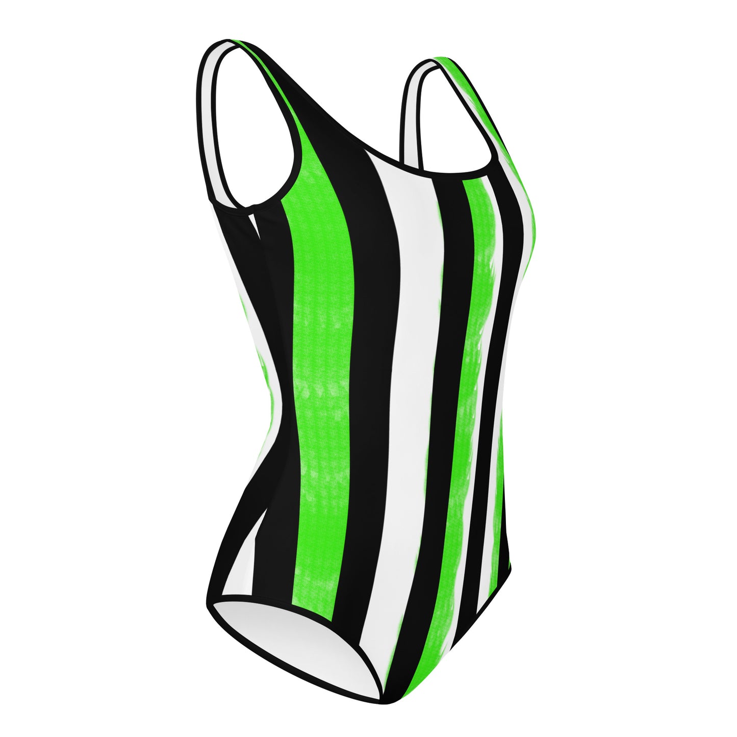 Striped Black and Green All-Over Print Youth Swimsuit